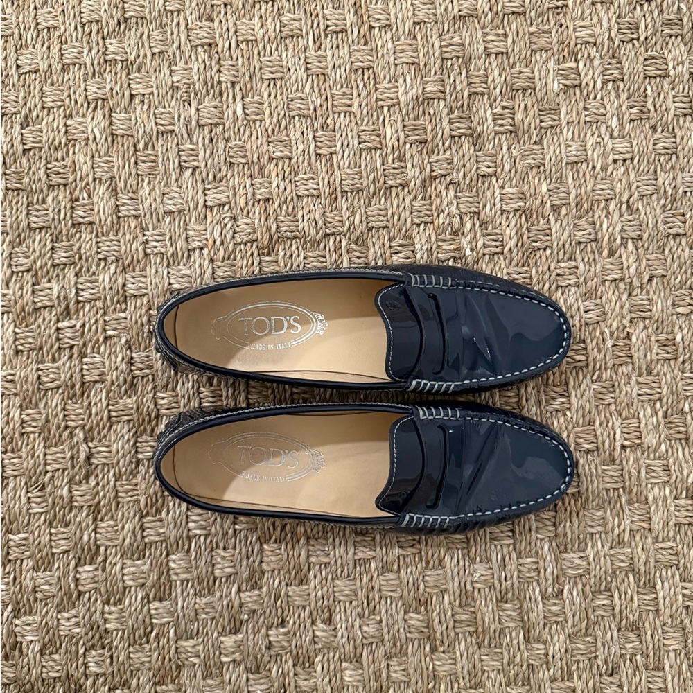 Tod's Patent Navy Penny Loafers